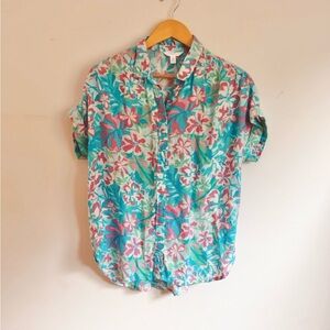 Vintage style blue linen Button Down tropical print vintage summer shirt